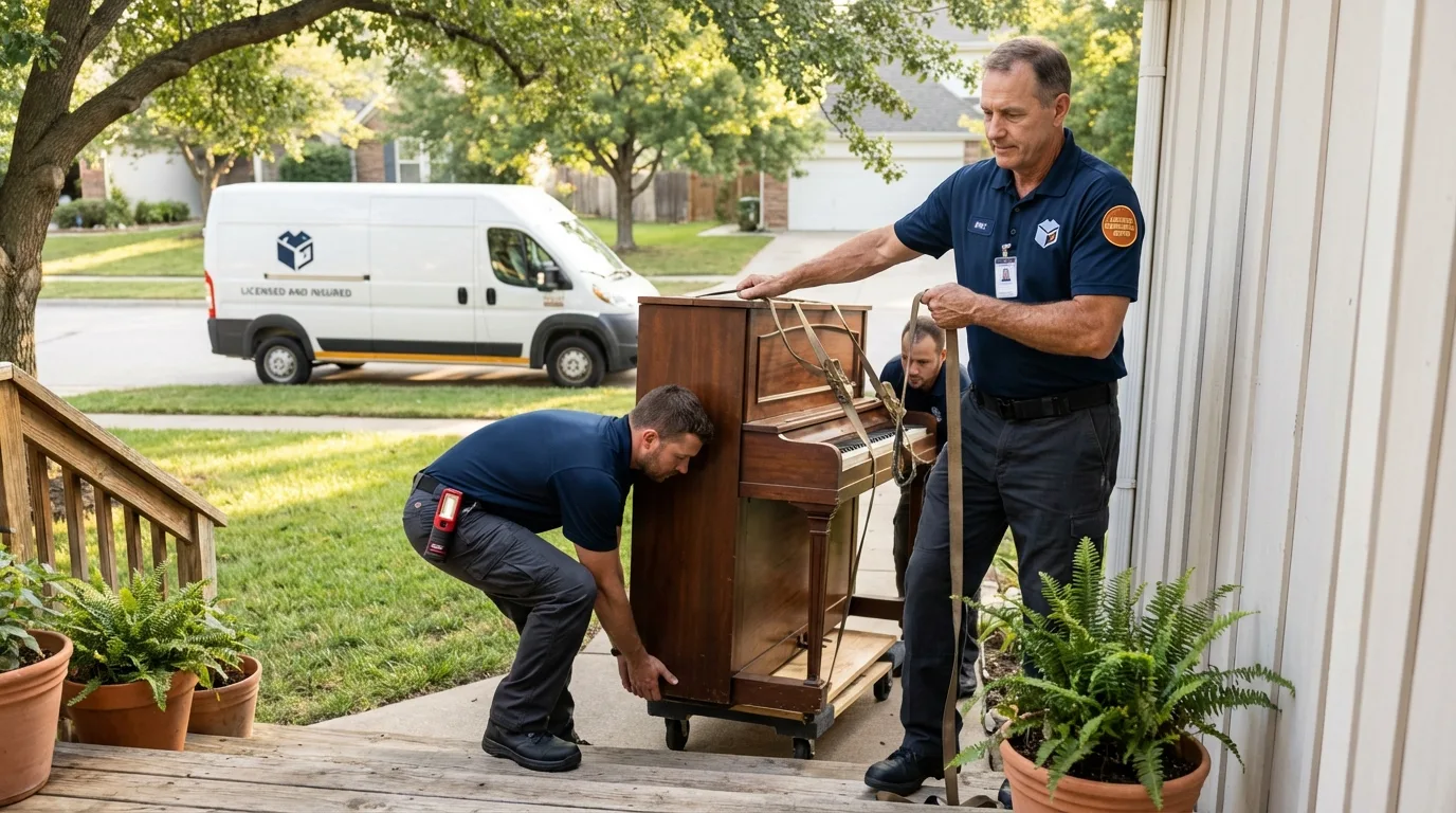 Licensed piano movers securing grand piano in Metamora, IL