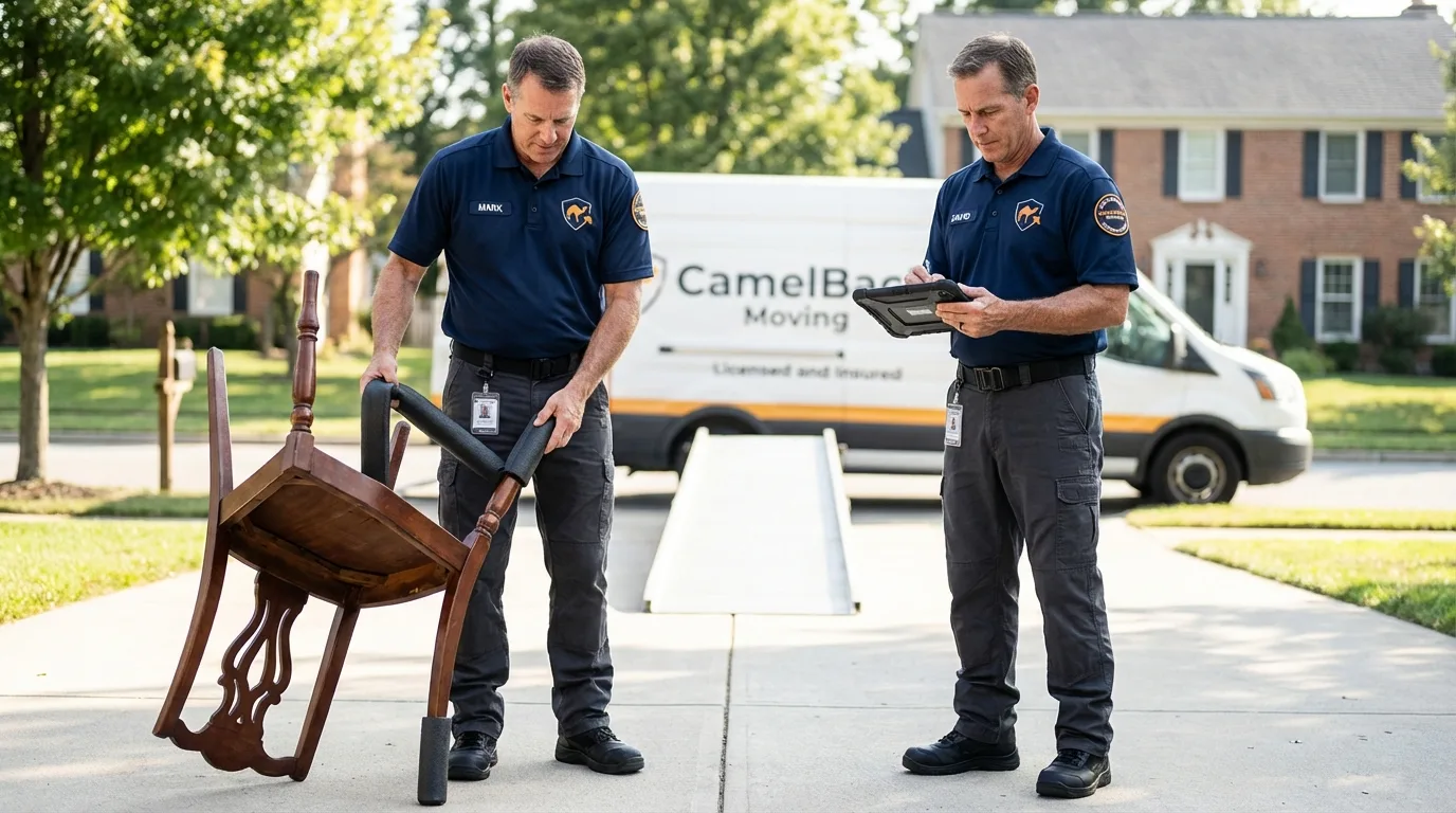 Movers inspecting furniture for damage prevention before loading in Metamora, IL