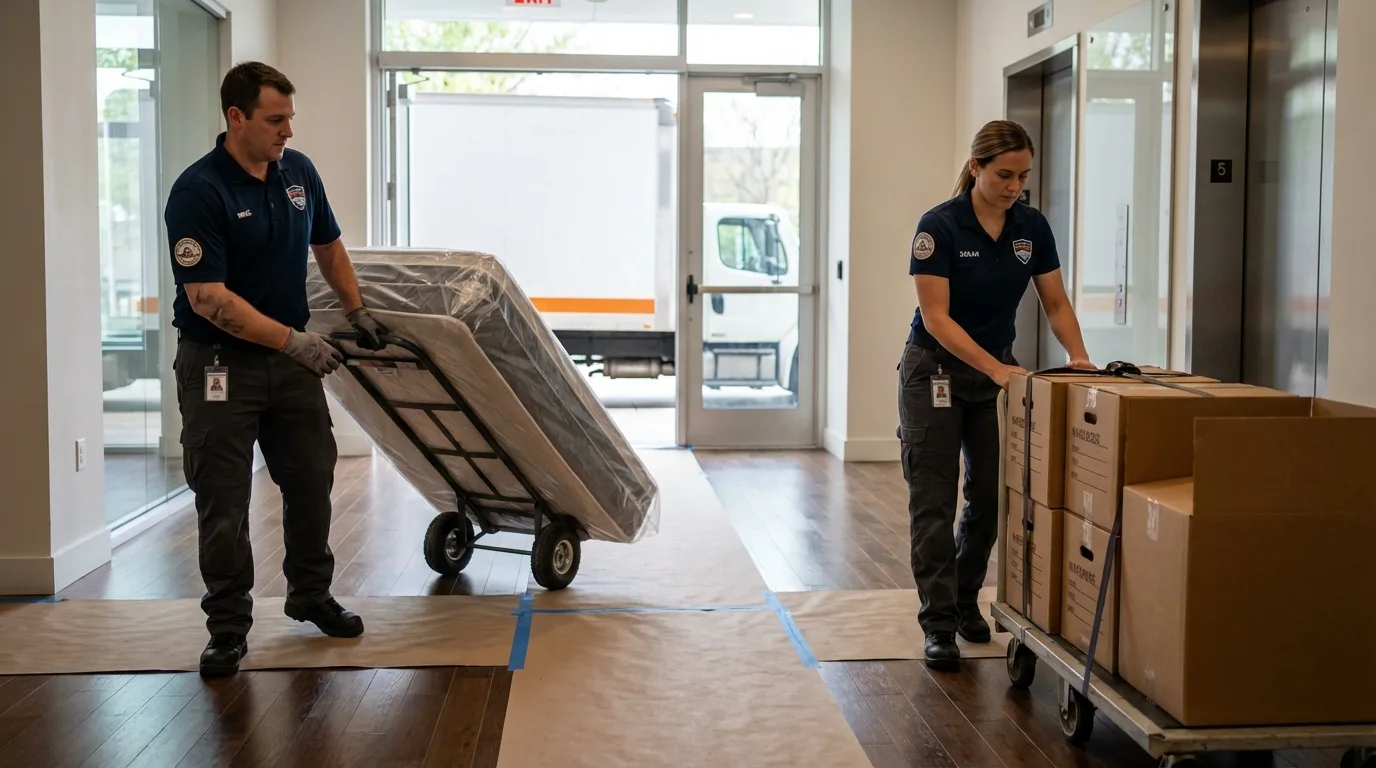 Professional apartment movers loading elevator in Metamora, IL