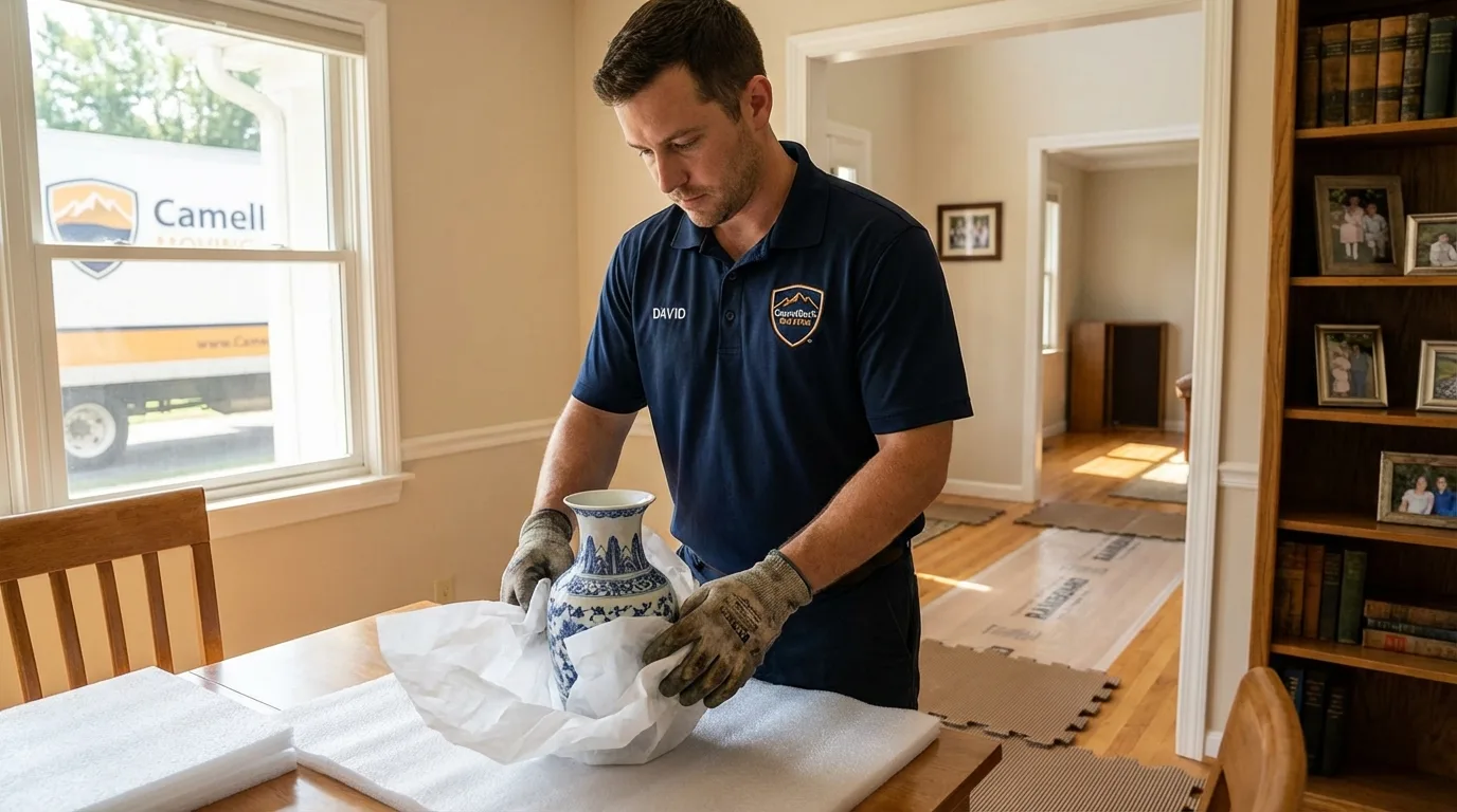 Professional crew carefully wrapping antique vase for senior downsizing move in Metamora, IL
